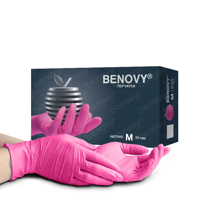 Перчатки Нитриловые BENOVY Фуксия размер M 100шт
